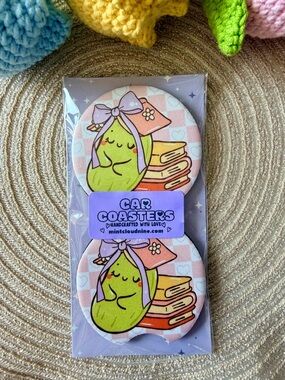 ☁️ 3/$30☁️ HANDCRAFTED CAR COASTER SET - BOOKISH PICKLE 📚